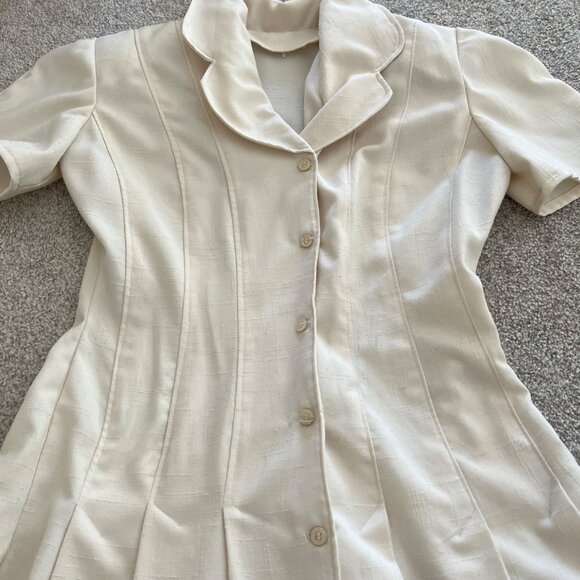 Handmade 1950s Vintage Single Stitch Linen Cream Pleated Button-down Dress - Picture 10 of 11